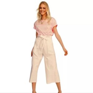NWT LPA Linen Wide Leg Paperbag High Waist Self Tie Pleated Trousers in Ivory